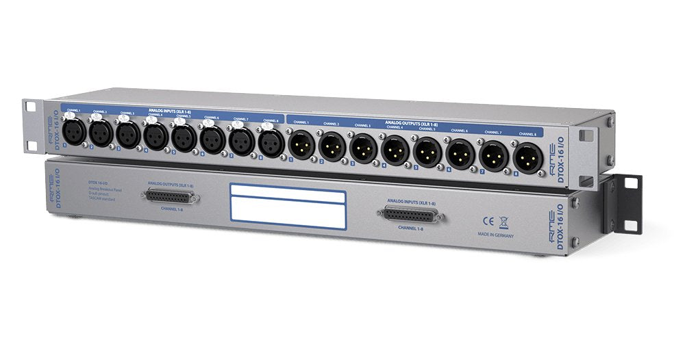 Two rack-mount audio breakout panels with XLR inputs and outputs and D-sub connectors labeled DTOX-16 I/O