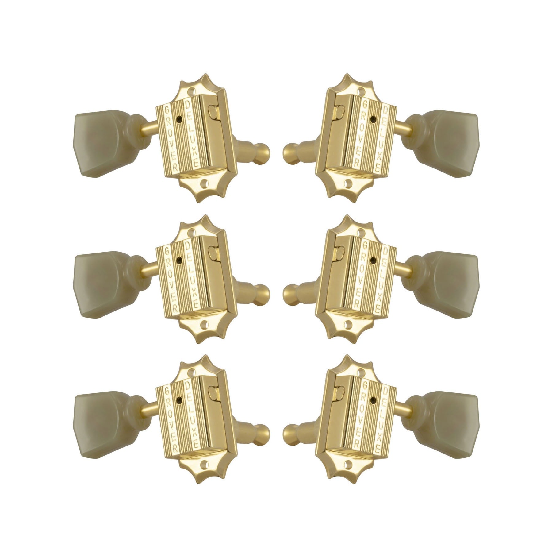 Set of six gold Grover Deluxe guitar tuning machines with cream tuning pegs arranged in two columns.