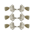 Six silver Grover Deluxe guitar machine heads with beige tulip-shaped tuning knobs arranged in two columns on white background.