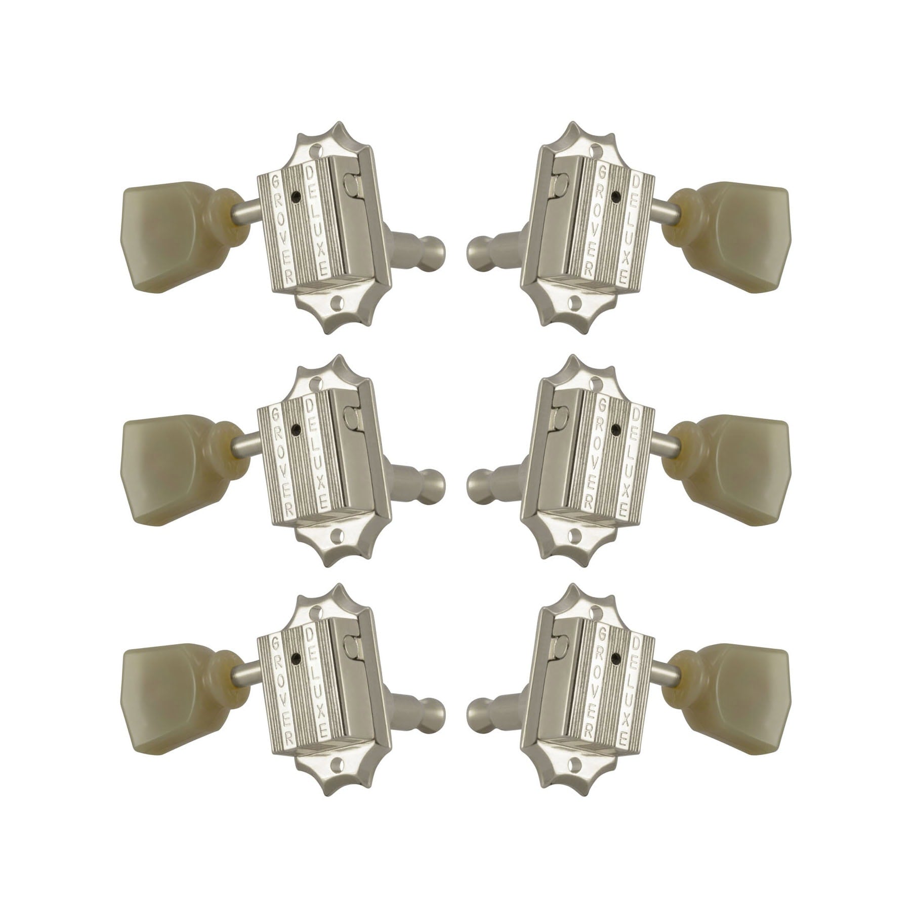 Six silver Grover Deluxe guitar machine heads with beige tulip-shaped tuning knobs arranged in two columns on white background.