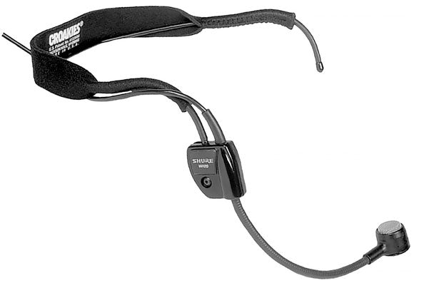 Black headset microphone with a flexible boom and branded adjustable headband.