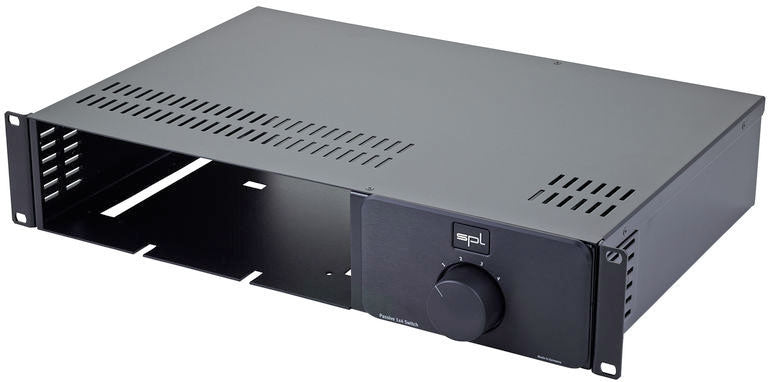 Black rack unit chassis with a front panel featuring a single large rotary knob and the SPL logo.