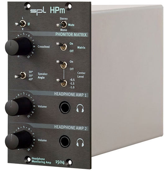 Front panel of a headphone monitoring amplifier module with controls and two headphone jacks.