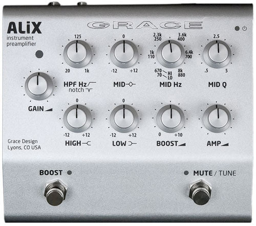 Silver Grace Design ALiX instrument preamplifier with multiple knobs and two footswitches on a metal enclosure.