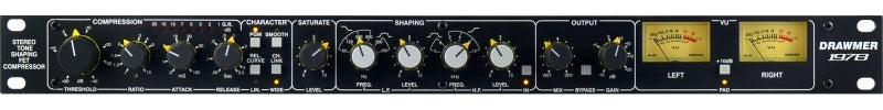 Front panel of a Drawmer 1978 stereo tone shaping compressor with knobs, switches, and VU meters.