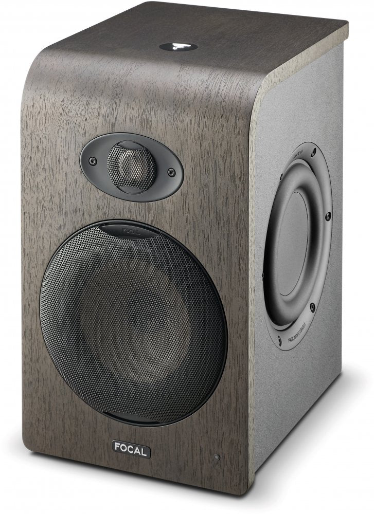 Dark brown wood studio monitor speaker with metal mesh grilles on front and side and FOCAL logo below front woofer