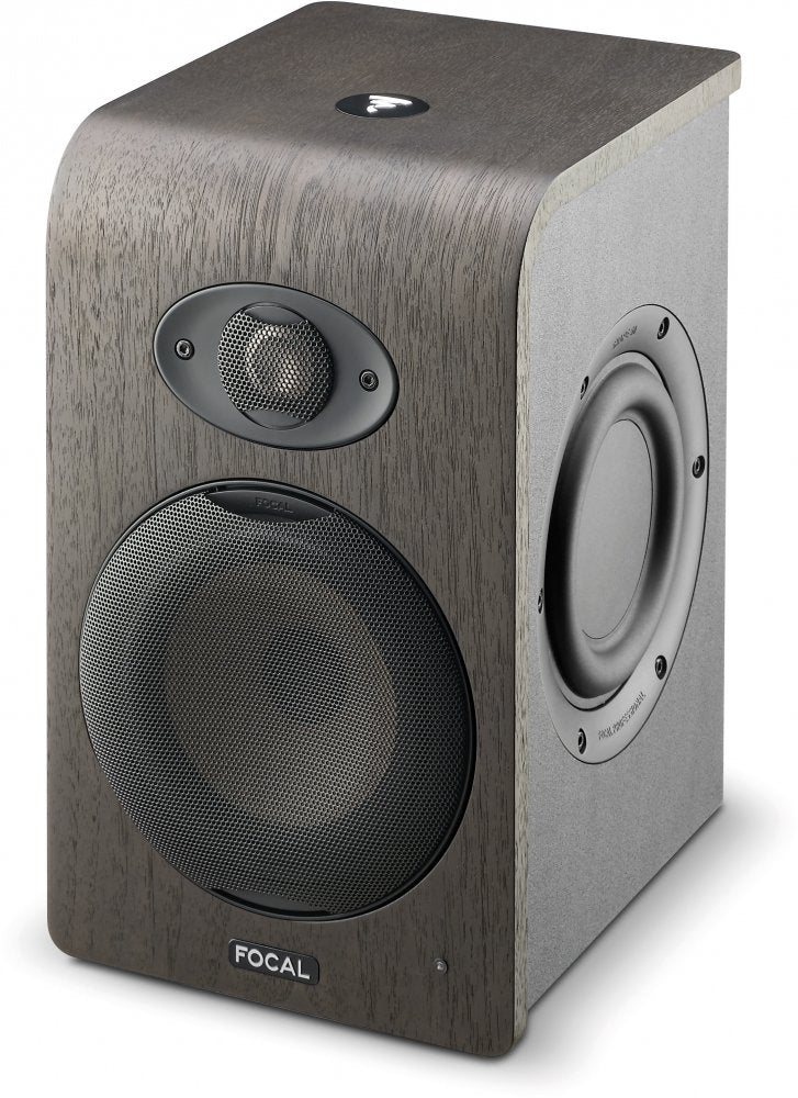 Dark wood studio monitor speaker with metal mesh covers and side-mounted woofer