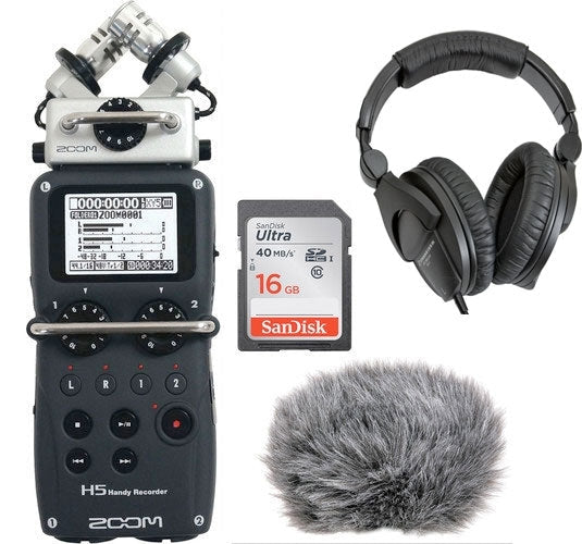 Black and silver Zoom H5 handheld audio recorder with headphones, SD card, and gray furry microphone windshield.