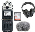 Black and silver Zoom H5 handheld audio recorder with headphones, SD card, and gray furry microphone windshield.