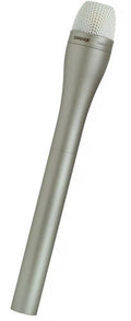 Silver and white handheld microphone with metal mesh grille and engraved brand and model text.