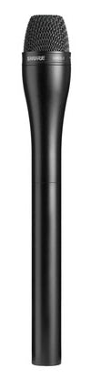 Black handheld microphone with metal mesh grille and SHURE logo on the body.
