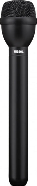 Black handheld microphone with a metal mesh grille and model number RE50L on the handle.