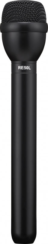 Black handheld microphone with a metal mesh grille and model number RE50L on the handle.