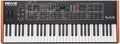 Black polyphonic analog synthesizer keyboard with wooden side panels and multiple control knobs and buttons.