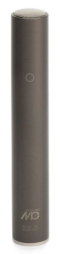 Long cylindrical gray microphone with silver mesh grille on top and logo near the base.