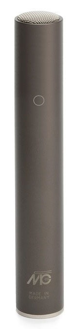 Long cylindrical gray microphone with silver mesh grille on top and logo near the base.