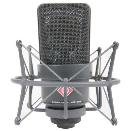 Black Neumann microphone with mesh grille and shock mount, front view