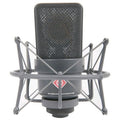 Black Neumann microphone with mesh grille and shock mount, front view