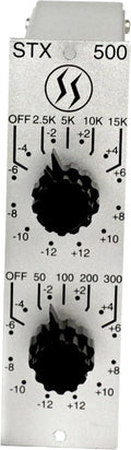 Silver audio processor panel with two black rotary knobs and frequency markings from 2.5K to 15K and 50 to 300.