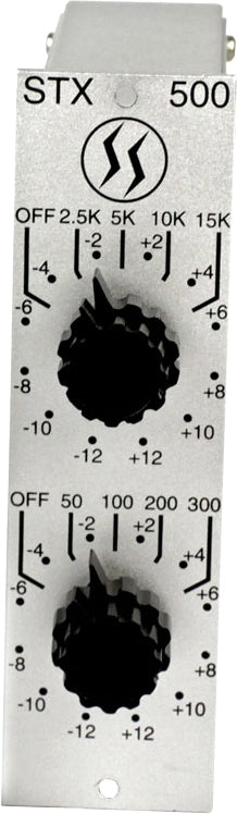 Silver audio processor panel with two black rotary knobs and frequency markings from 2.5K to 15K and 50 to 300.