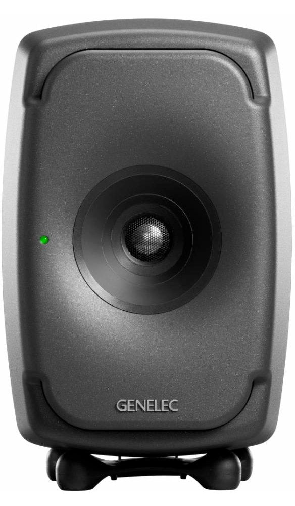 Front view of a black Genelec studio monitor speaker with green indicator light on an isolation stand.