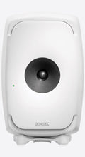 White studio monitor speaker with black central cone and green LED indicator on front face.