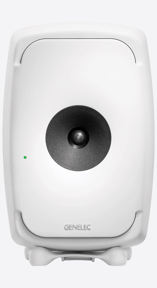 White studio monitor speaker with black central cone and green LED indicator on front face.