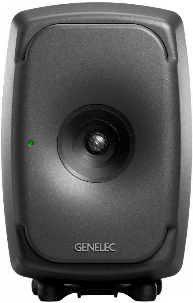 Front view of a black Genelec studio monitor speaker with a central speaker cone and green indicator light.