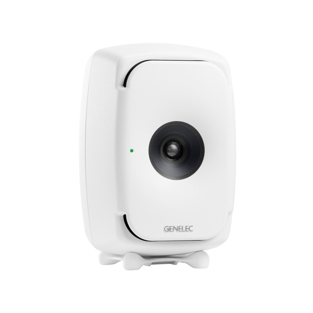 White studio monitor speaker with a black central driver and a small green indicator light on the front.