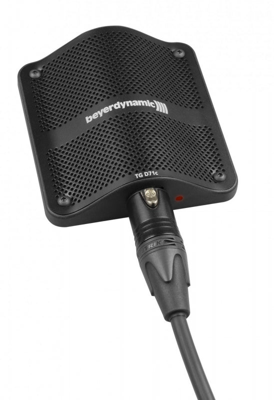 Black Beyerdynamic TG D71c microphone with metal mesh grille and attached XLR cable.
