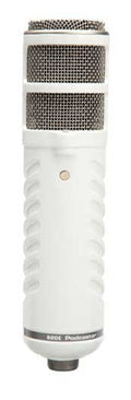 White and silver cylindrical microphone with mesh grille and button on the front.