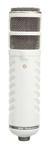 White and silver cylindrical microphone with mesh grille and button on the front.