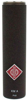 Black cylindrical microphone with a red and white Neumann logo and white text reading KM A and P48