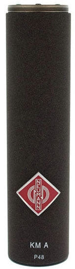 Black cylindrical microphone with a red and white Neumann logo and white text reading KM A and P48