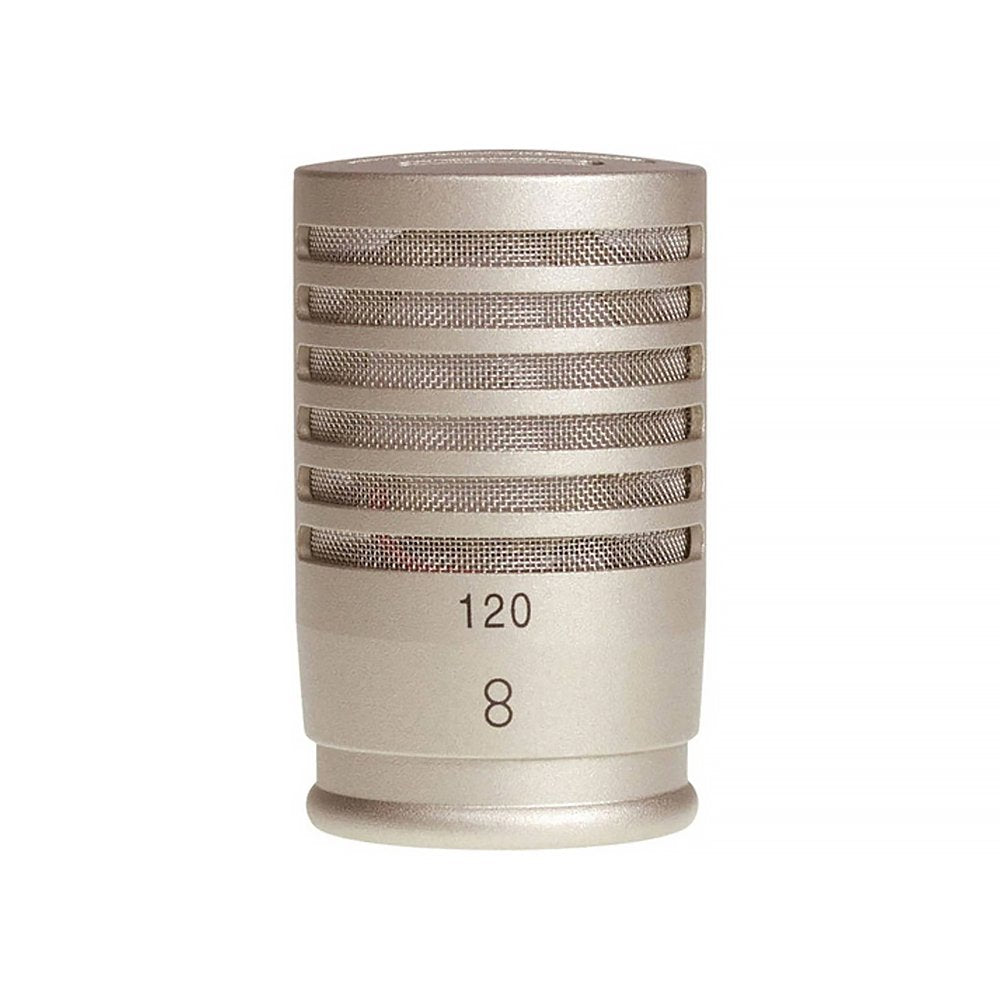 Silver metal microphone capsule with mesh grille and markings '120' and '8' on its body.