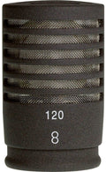 Close-up of a black microphone capsule with metal mesh and white text reading 120 and 8.
