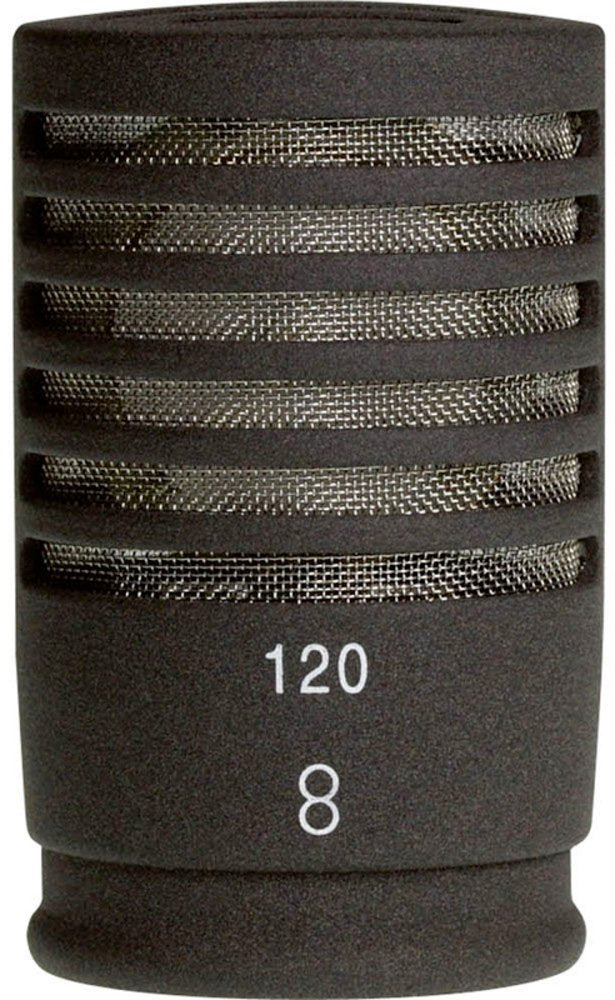 Close-up of a black microphone capsule with metal mesh and white text reading 120 and 8.
