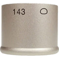 Close-up front view of a silver cylindrical microphone capsule part labeled 143 and marked with a polar pattern symbol.