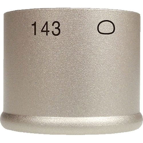 Close-up front view of a silver cylindrical microphone capsule part labeled 143 and marked with a polar pattern symbol.