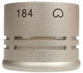 Close-up of a silver microphone capsule with mesh grille and the number 184 printed on it.