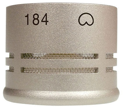 Close-up of a silver microphone capsule with mesh grille and the number 184 printed on it.