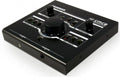 Black rectangular audio monitor controller with knobs, buttons, and 1/4 inch headphone and auxiliary inputs on front panel.
