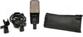 Studio microphone with shock mount, clip, and black zippered pouch displaying warm audio branding.