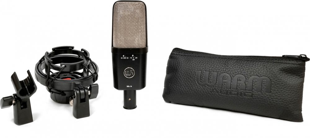 Studio microphone with shock mount, clip, and black zippered pouch displaying warm audio branding.