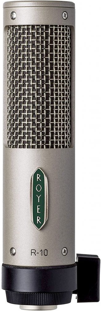 Silver cylindrical microphone with mesh grille, ROYER branding and model R-10 marking