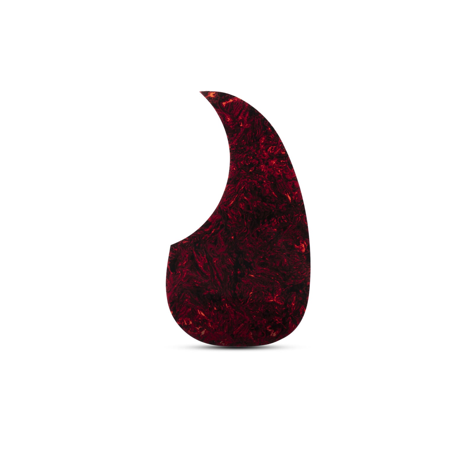 Dark red tortoise-patterned oversized guitar pickguard isolated on white background.