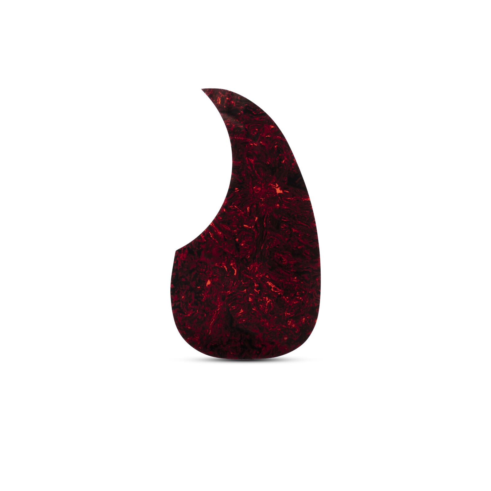 Tortoise-patterned guitar pickguard with a curved shape on white background.