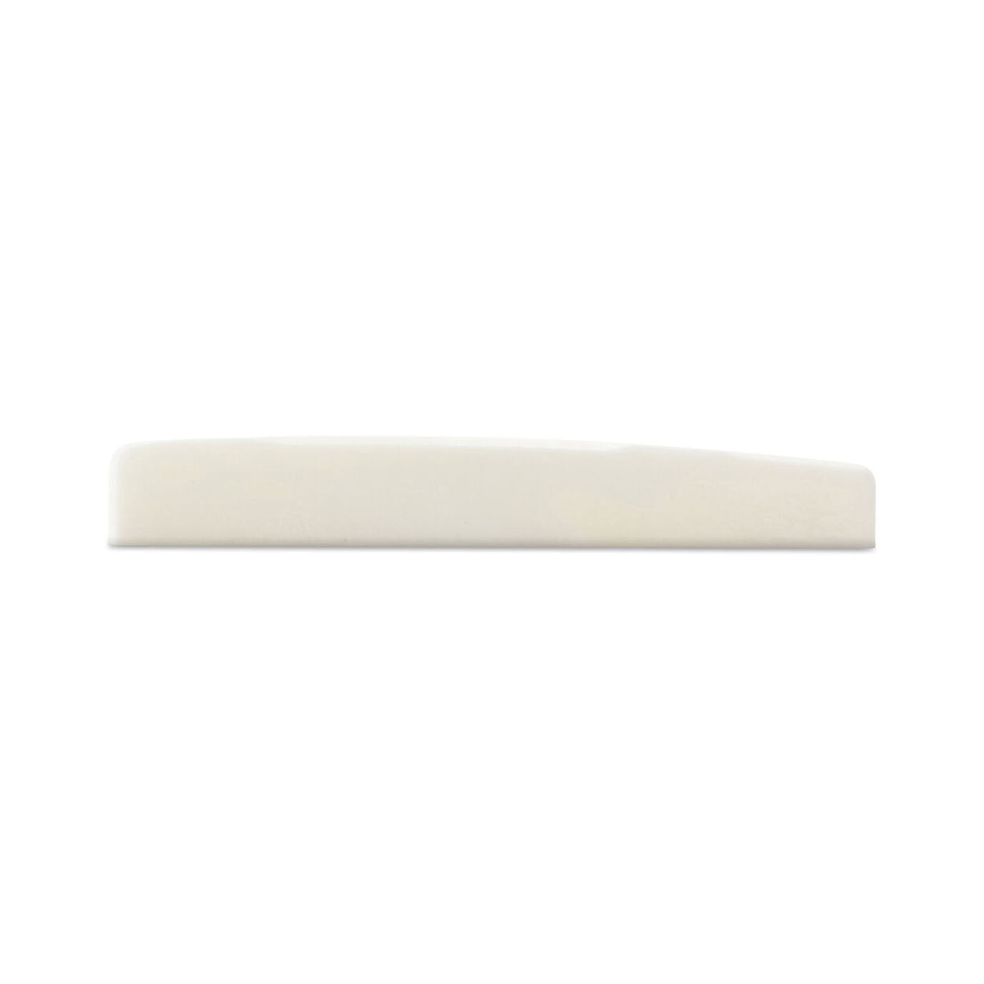 White guitar saddle with a slightly curved top edge against a white background.