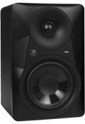 Black studio monitor speaker with two drivers and a logo on the front panel