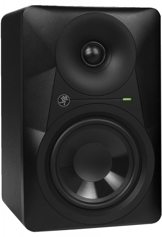 Black studio monitor speaker with two drivers and a logo on the front panel